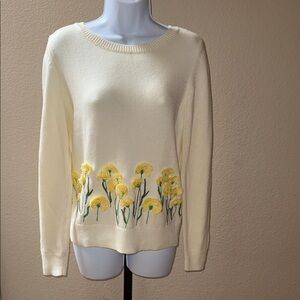 Talbots Yellow Floral Embroidery Open Neck Ivory Sweater Women’s Size XS